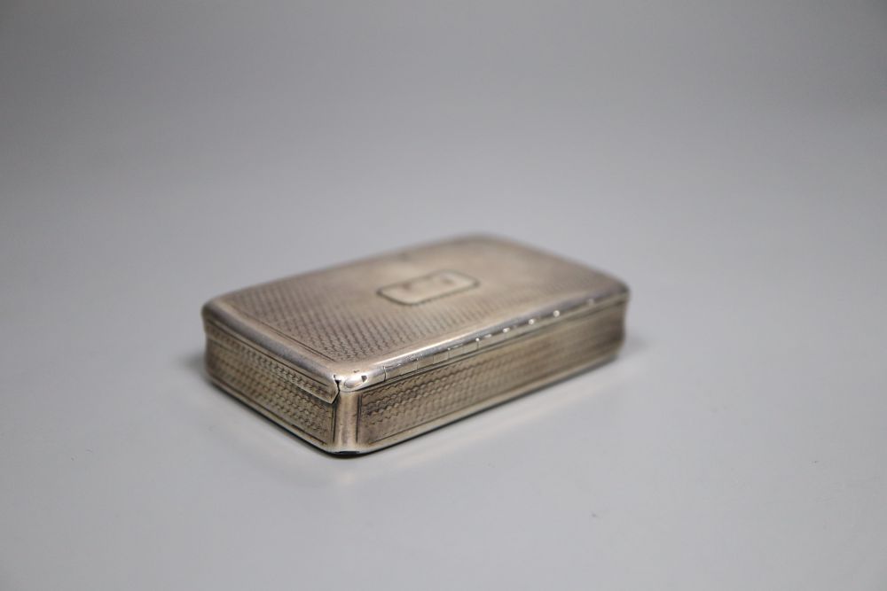 A William IV engine turned silver rectangular snuff box, Nathaniel Mills, Birmingham, 1830, 72mm (a.f.).